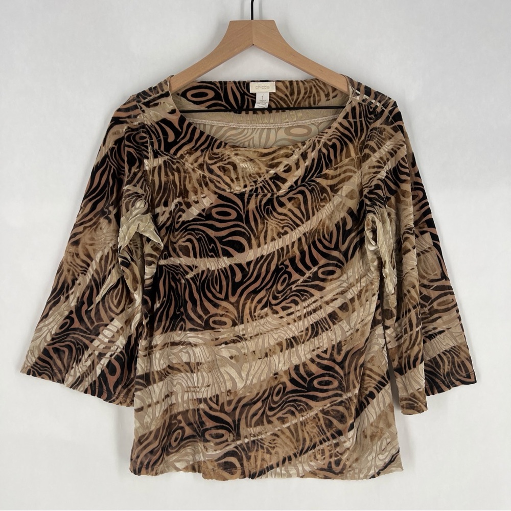 Chico's Brown & Tan Burnout Velvet Swirl Print 3/4 Flared Sleeve Boatneck Blouse